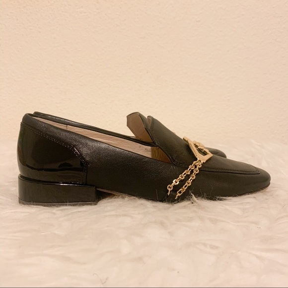 Black Leather Loafers With Gold Chain Detail. - Picture 3 of 4